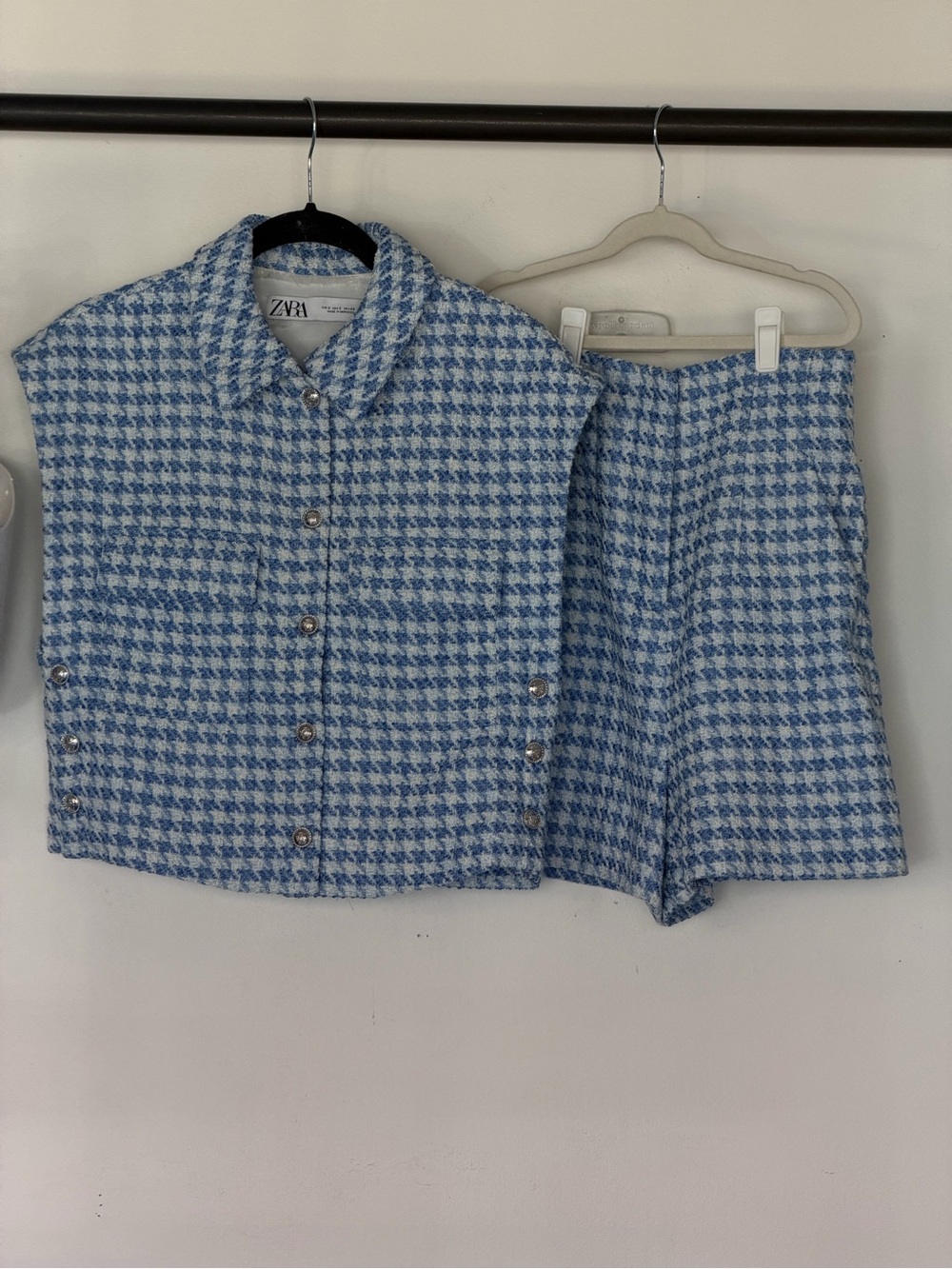 Zara Blue Houndstooth Tweed Set Sleeveless Vest + Shorts Silver Buttons S